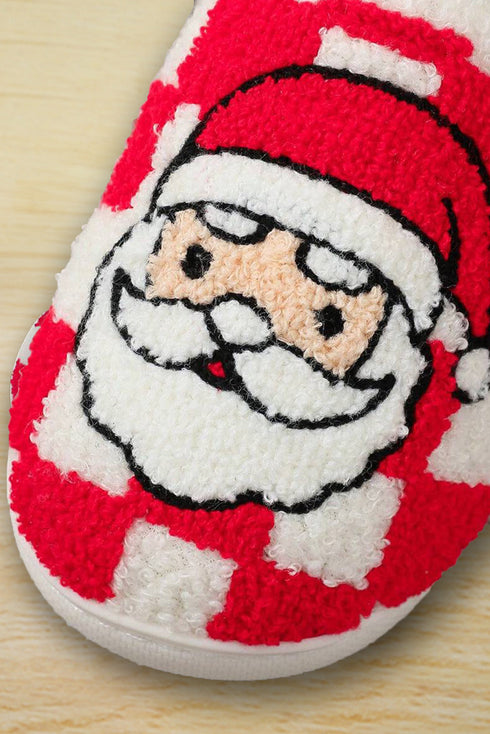 Santa Graphic Checkered Print Plush Holiday Home Slippers