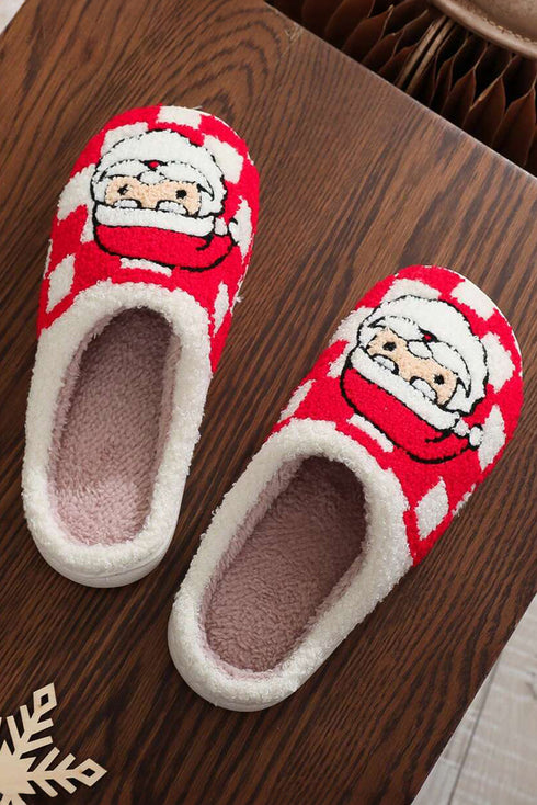 Santa Graphic Checkered Print Plush Holiday Home Slippers