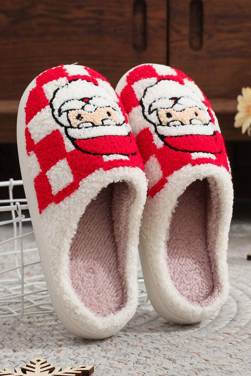 Santa Graphic Checkered Print Plush Holiday Home Slippers