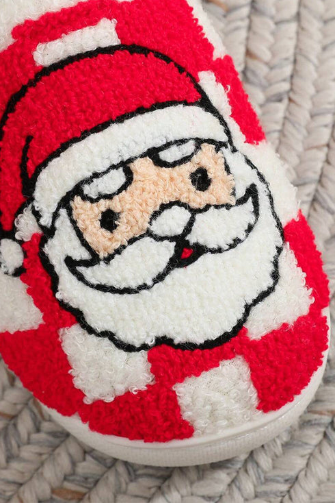 Santa Graphic Checkered Print Plush Holiday Home Slippers