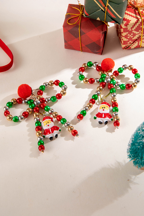 Santa Motif Beaded Bow Knot Stud Earrings