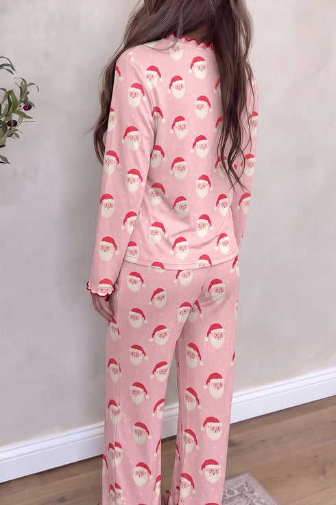 Santa Print Frilled Button Front Long Sleeve Lounge Set