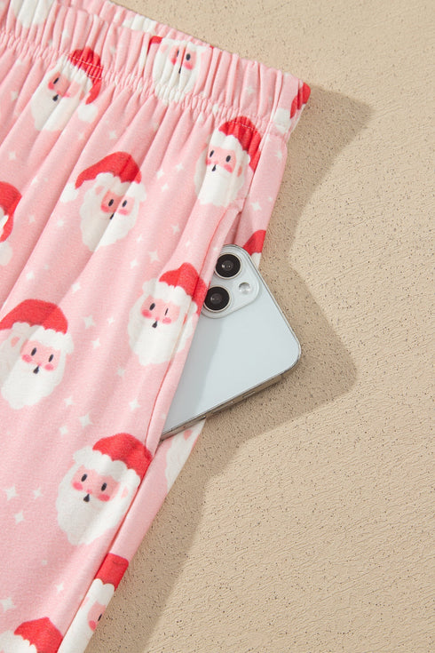 Santa Print Frilled Button Front Long Sleeve Lounge Set