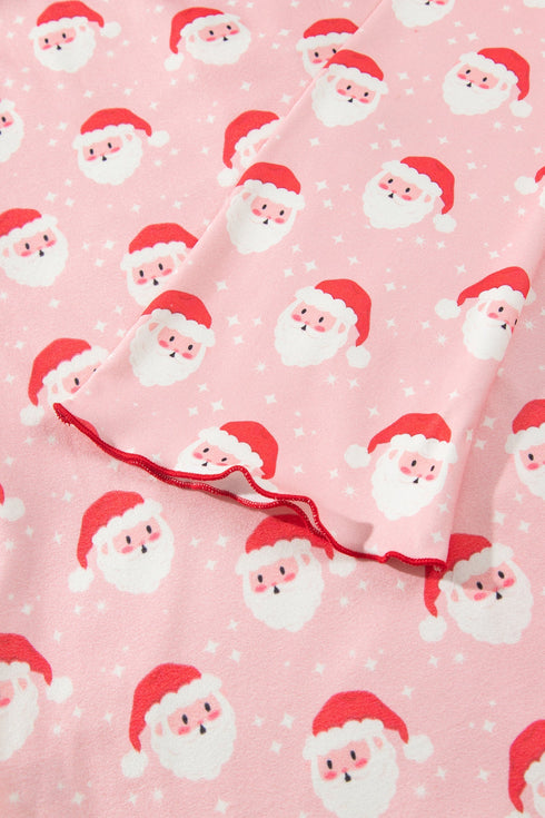 Santa Print Frilled Button Front Long Sleeve Lounge Set
