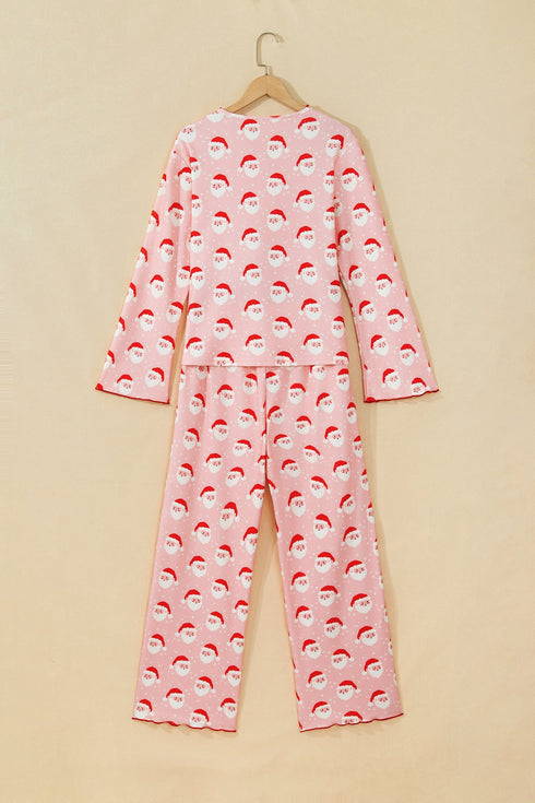 Santa Print Frilled Button Front Long Sleeve Lounge Set