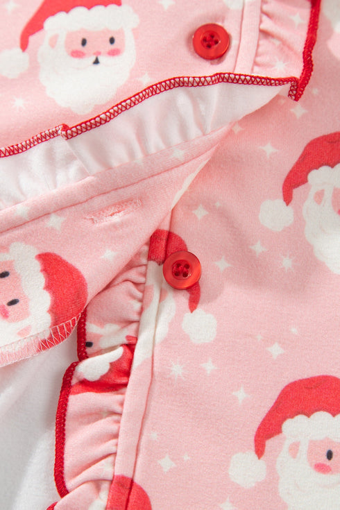 Santa Print Frilled Button Front Long Sleeve Lounge Set