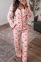 Santa Print Frilled Button Front Long Sleeve Lounge Set