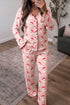 Santa Print Frilled Button Front Long Sleeve Lounge Set
