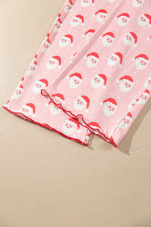 Santa Print Frilled Button Front Long Sleeve Lounge Set