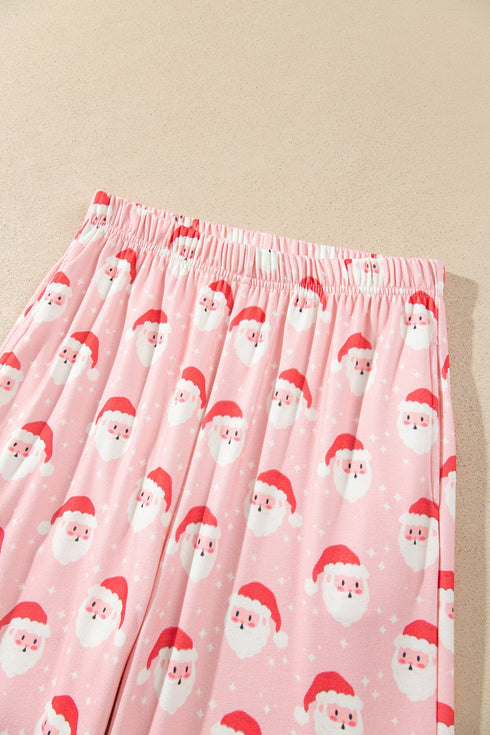 Santa Print Frilled Button Front Long Sleeve Lounge Set