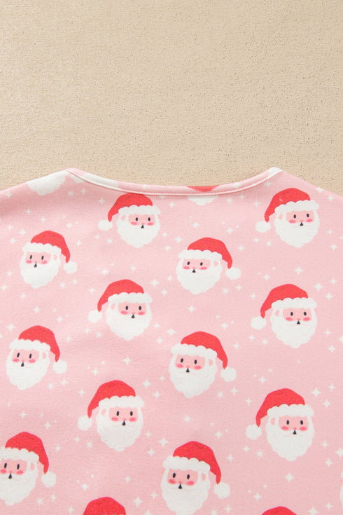 Santa Print Frilled Button Front Long Sleeve Lounge Set