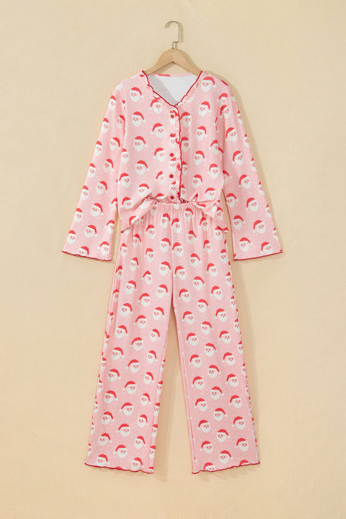 Santa Print Frilled Button Front Long Sleeve Lounge Set