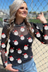 Santa Print Sheer Mesh Mock Neck Slim Fit Long Sleeve Top