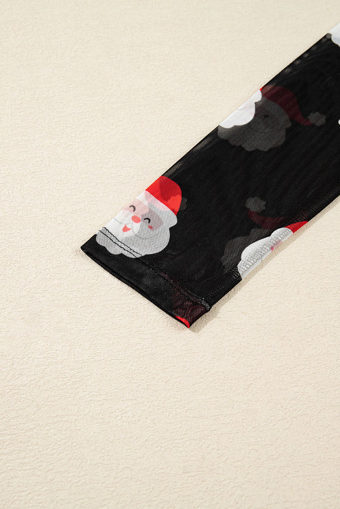 Santa Print Sheer Mesh Mock Neck Slim Fit Long Sleeve Top