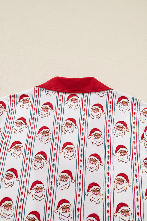 Santa Stripe Print Contrast Collar Ruffle Hem Pajama Set