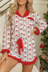 Santa Stripe Print Contrast Collar Ruffle Hem Pajama Set