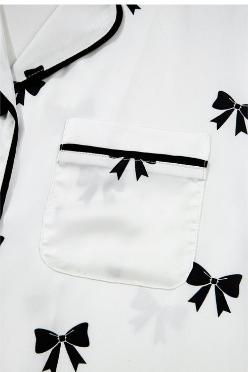 Satin Bow Print Wide Leg Two Piece Pajama Set