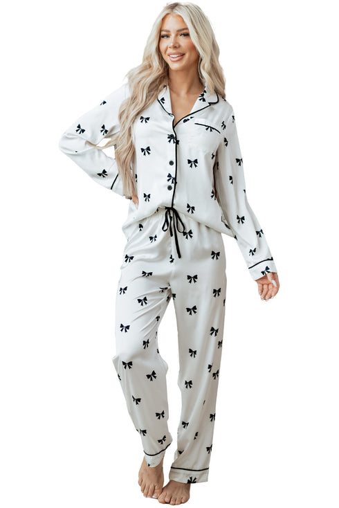 Satin Bow Print Wide Leg Two Piece Pajama Set