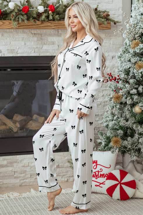Satin Bow Print Wide Leg Two Piece Pajama Set