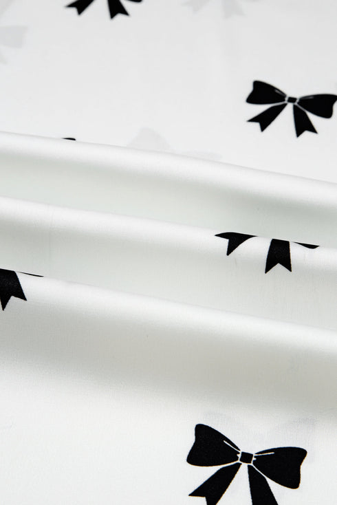 Satin Bow Print Wide Leg Two Piece Pajama Set