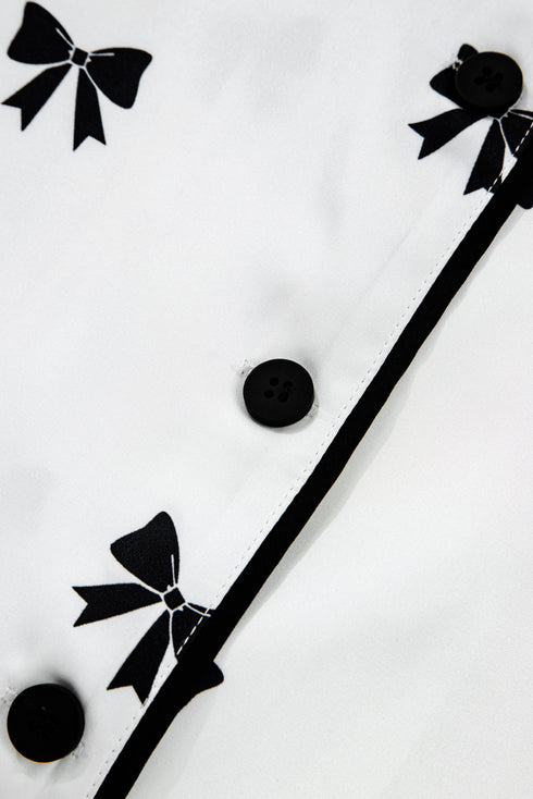 Satin Bow Print Wide Leg Two Piece Pajama Set