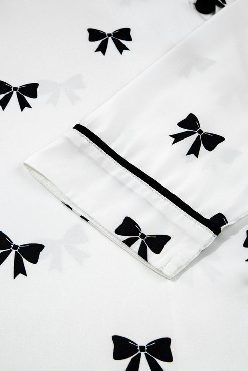 Satin Bow Print Wide Leg Two Piece Pajama Set