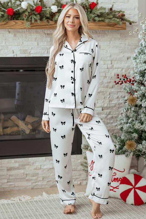 Satin Bow Print Wide Leg Two Piece Pajama Set