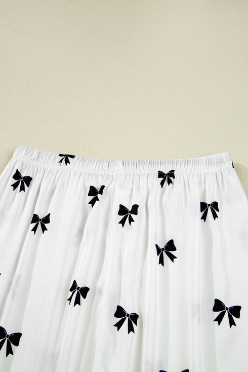 Satin Bow Print Wide Leg Two Piece Pajama Set