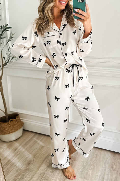 Satin Bow Print Wide Leg Two Piece Pajama Set
