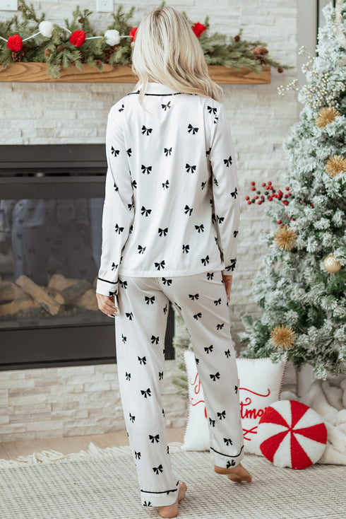 Satin Bow Print Wide Leg Two Piece Pajama Set