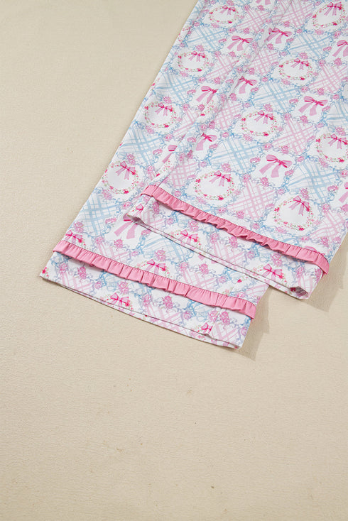 Satin Bow Wreath Print Ruffle Collar Tie Front Wide Leg Pajama Set