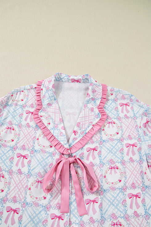 Satin Bow Wreath Print Ruffle Collar Tie Front Wide Leg Pajama Set