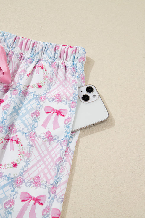 Satin Bow Wreath Print Ruffle Collar Tie Front Wide Leg Pajama Set