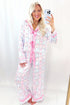 Satin Bow Wreath Print Ruffle Collar Tie Front Wide Leg Pajama Set