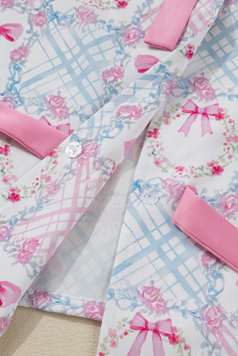 Satin Bow Wreath Print Ruffle Collar Tie Front Wide Leg Pajama Set