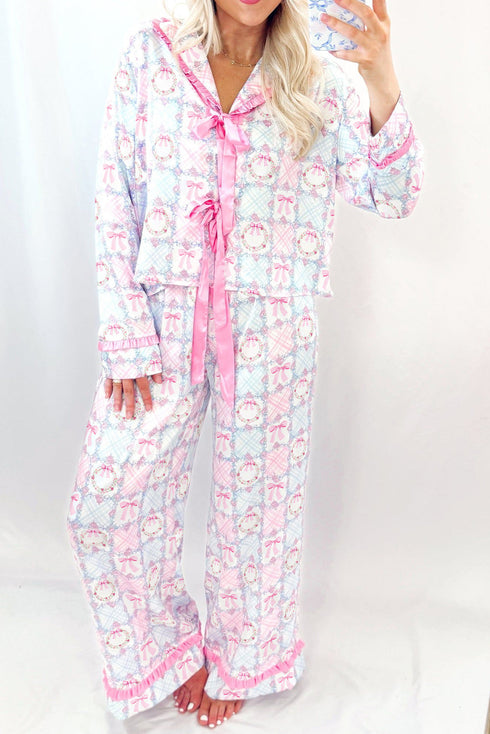 Satin Bow Wreath Print Ruffle Collar Tie Front Wide Leg Pajama Set
