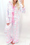 Satin Bow Wreath Print Ruffle Collar Tie Front Wide Leg Pajama Set