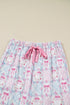 Satin Bow Wreath Print Ruffle Collar Tie Front Wide Leg Pajama Set