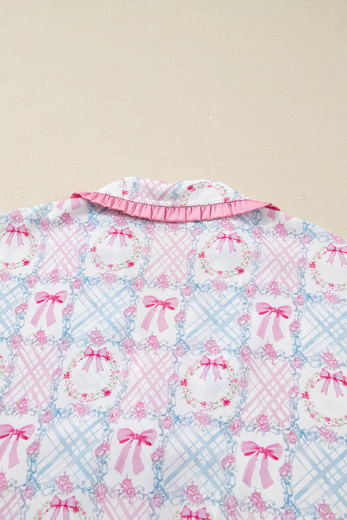 Satin Bow Wreath Print Ruffle Collar Tie Front Wide Leg Pajama Set