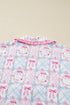 Satin Bow Wreath Print Ruffle Collar Tie Front Wide Leg Pajama Set
