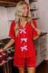 Satin Finish Ribbon Bow Short Sleeve Pajama Set