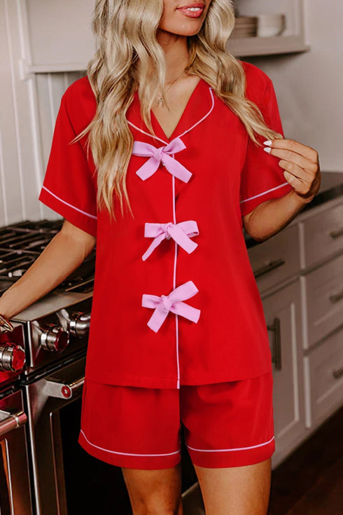 Satin Finish Ribbon Bow Short Sleeve Pajama Set
