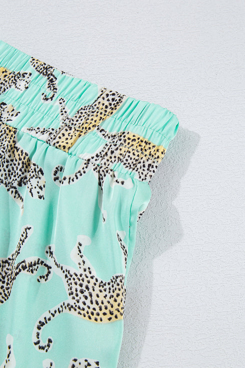 Satin Leopard Print Ruffle Button Down Pajama Set