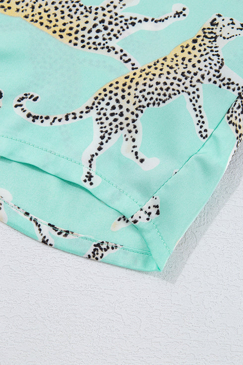 Satin Leopard Print Ruffle Button Down Pajama Set