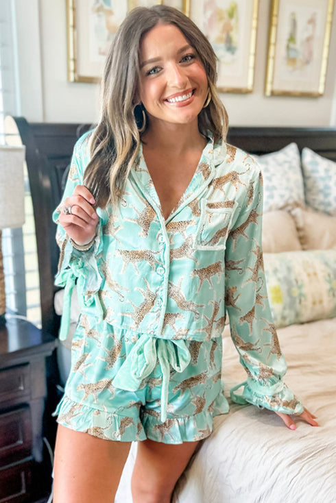 Satin Leopard Print Ruffle Button Down Pajama Set