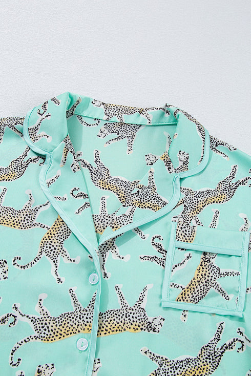 Satin Leopard Print Ruffle Button Down Pajama Set