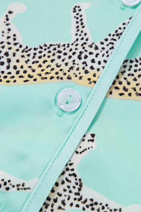 Satin Leopard Print Ruffle Button Down Pajama Set