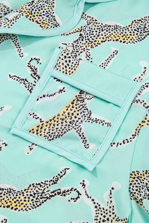 Satin Leopard Print Ruffle Button Down Pajama Set