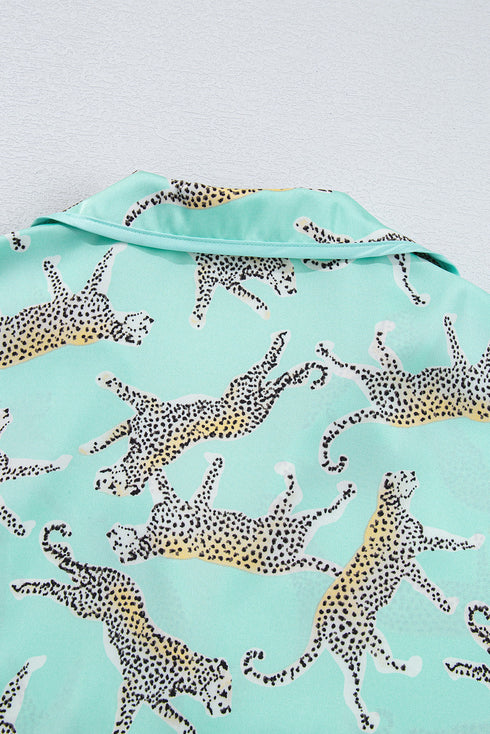 Satin Leopard Print Ruffle Button Down Pajama Set