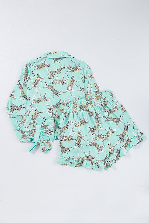 Satin Leopard Print Ruffle Button Down Pajama Set